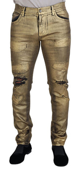 Dolce & Gabbana Gold Cotton Tattered Skinny Men Denim Jeans -   -  Dolce & Gabbana.